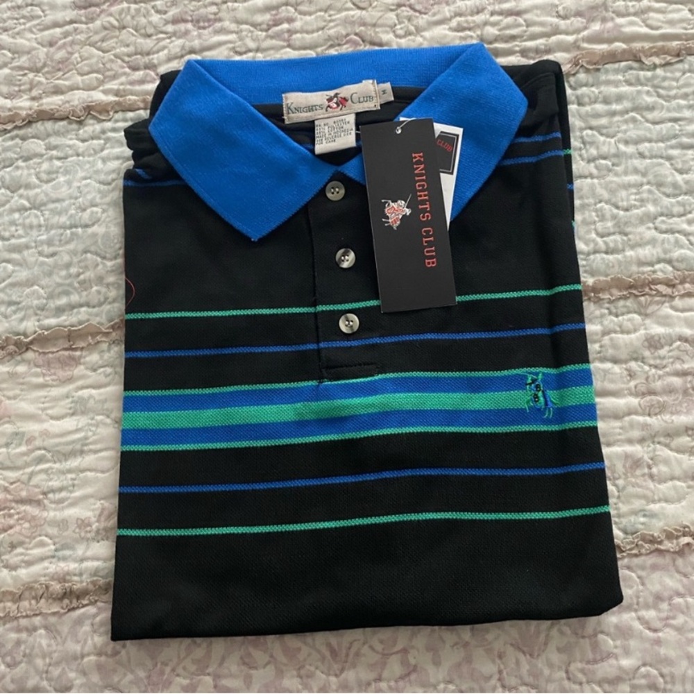 Knights Club Polo Tee Black Blue Green Stripes – Size Medium NWT